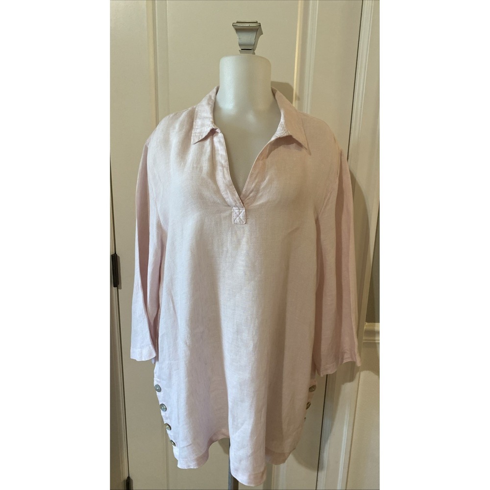 Sigrid Olsen‎ 100% Linen Tunic Blouse Size 1X Button Detail On Sides Pale Pink